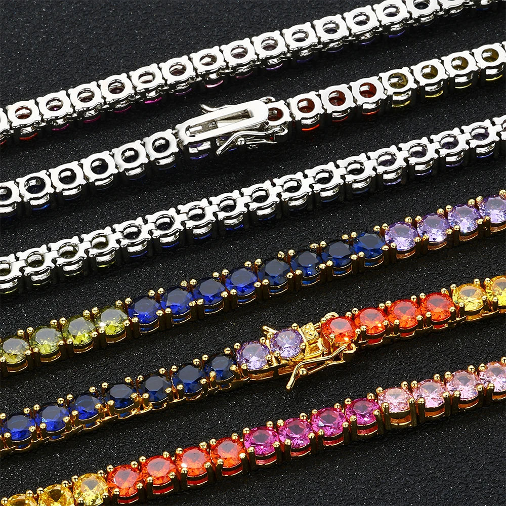 Rainbow Iced CZ Tennis Chain Necklace – Colorful 5mm Gemstone Choker, Silver Plated Luxury Jewelry