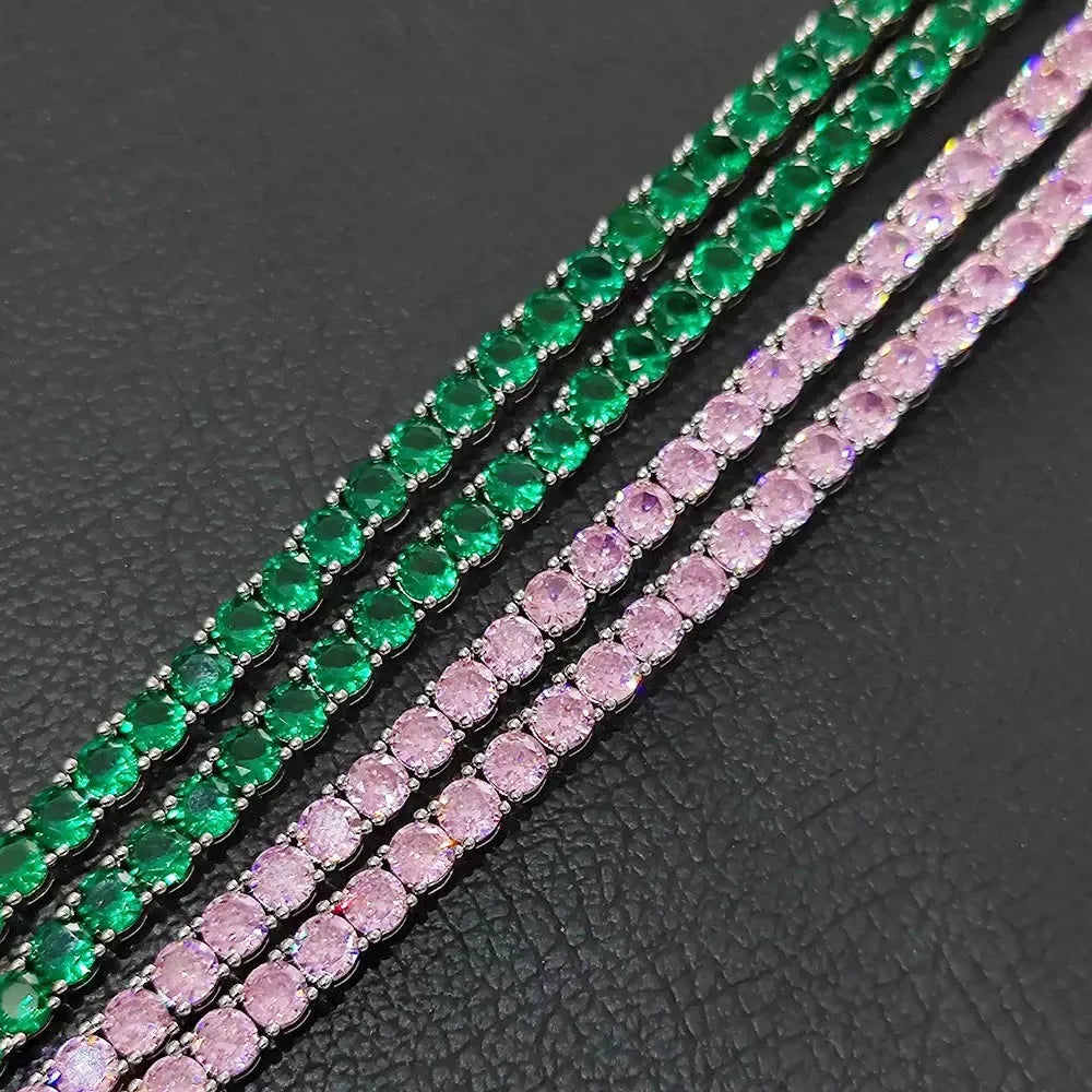 Iced Pink & Green Tennis Chain – 4mm CZ Bracelet & Necklace | Luxury Hip Hop Jewelry