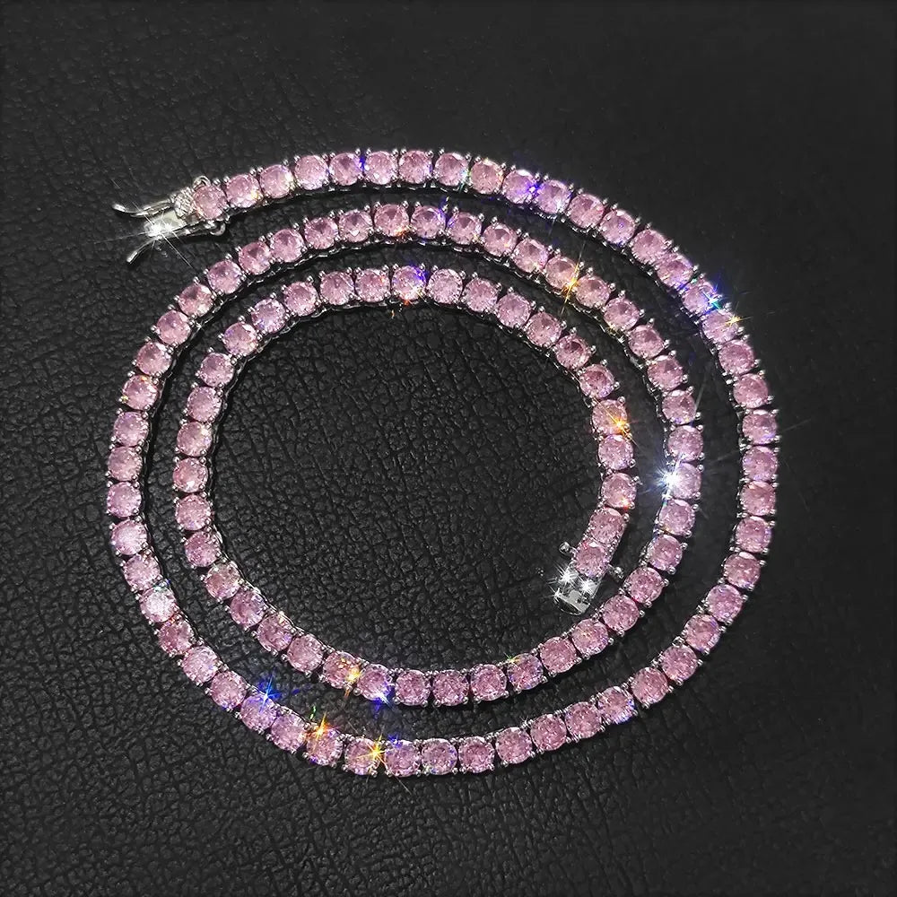 Iced Pink & Green Tennis Chain – 4mm CZ Bracelet & Necklace | Luxury Hip Hop Jewelry