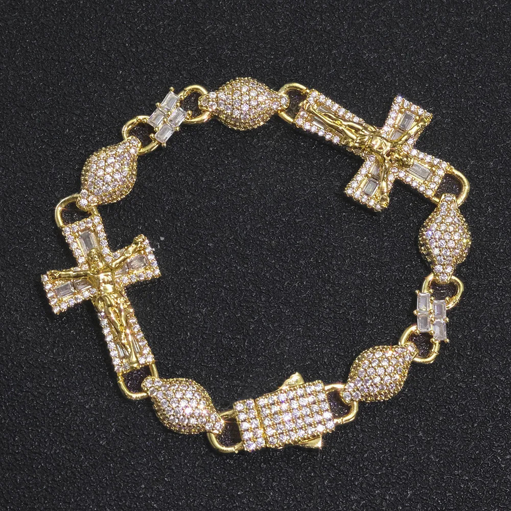 FaithLux 8MM Iced Cross Bead Bracelet – 18K Gold Edition