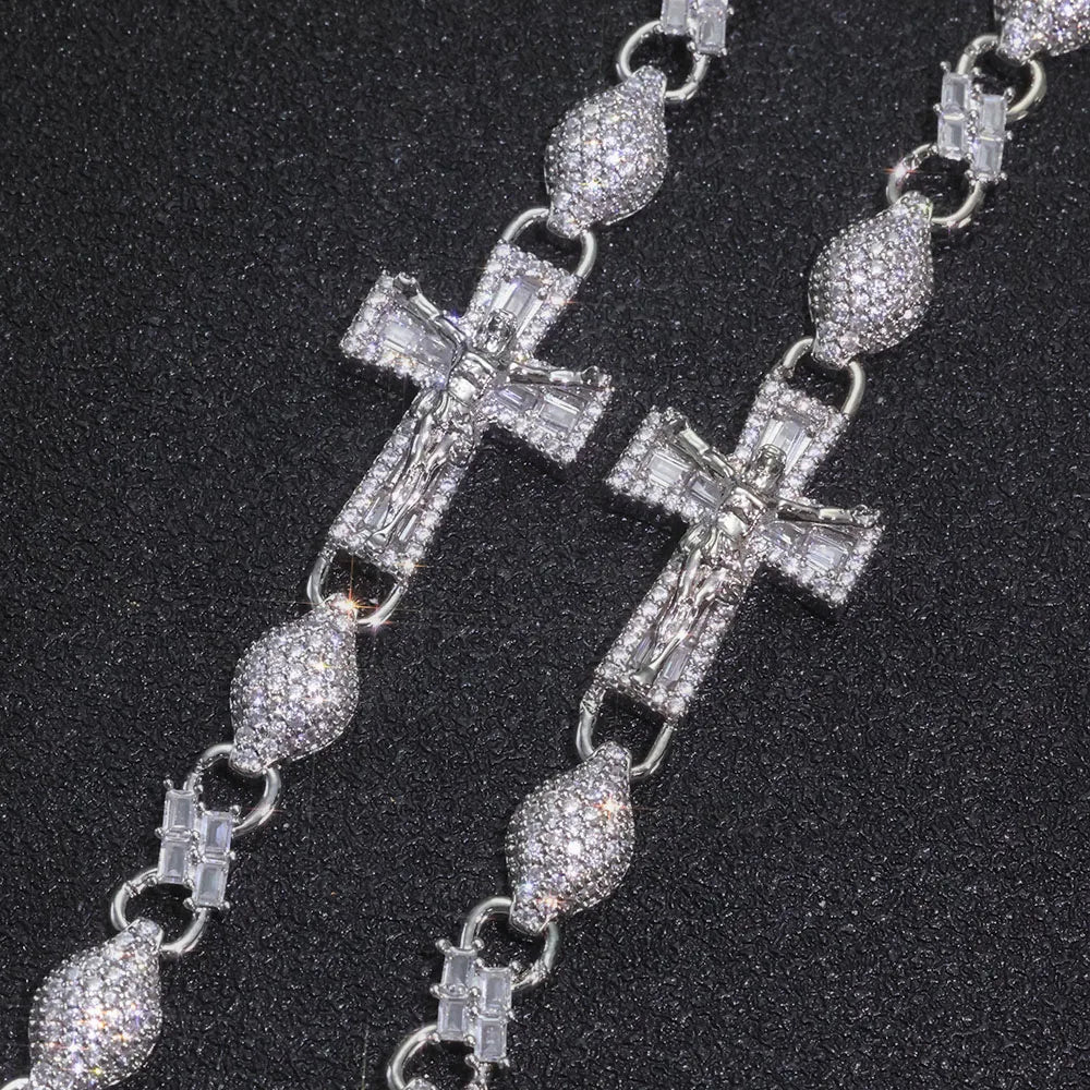 FaithLux 8MM Iced Cross Bead Bracelet – 18K Gold Edition