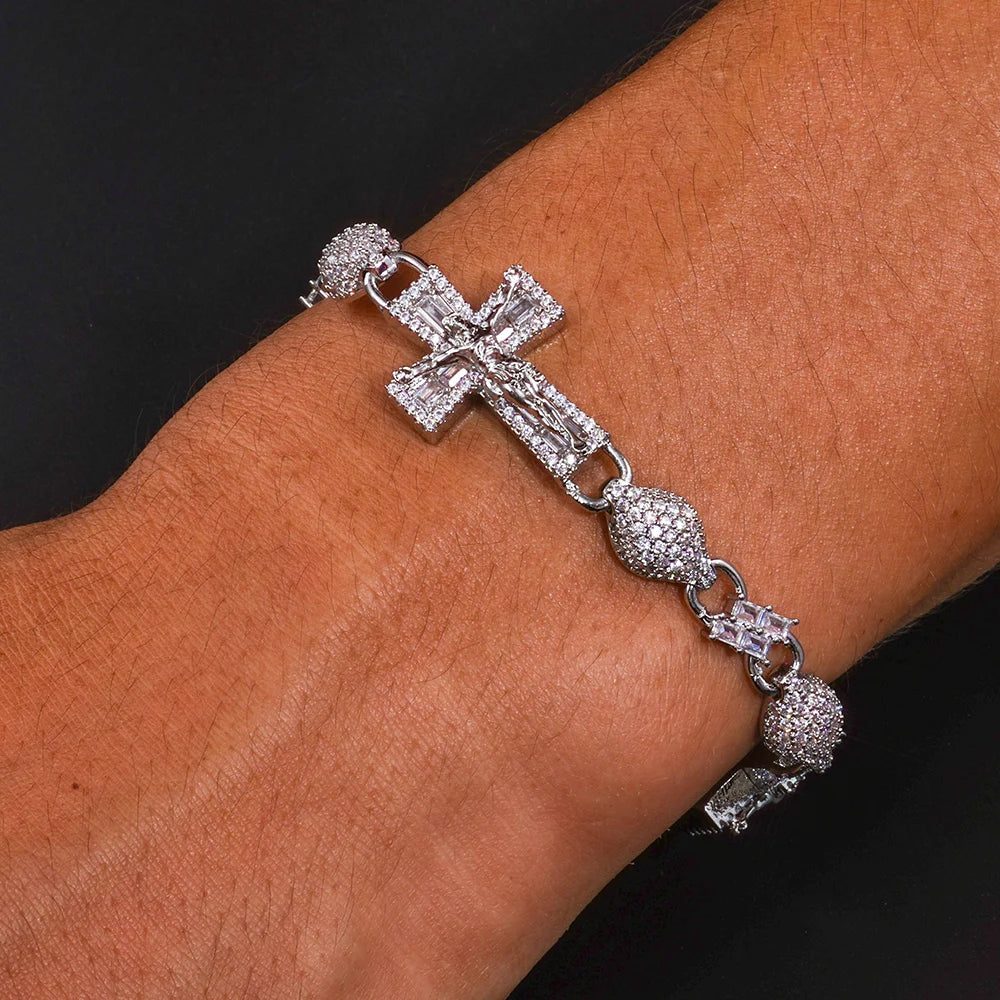 FaithLux 8MM Iced Cross Bead Bracelet – 18K Gold Edition