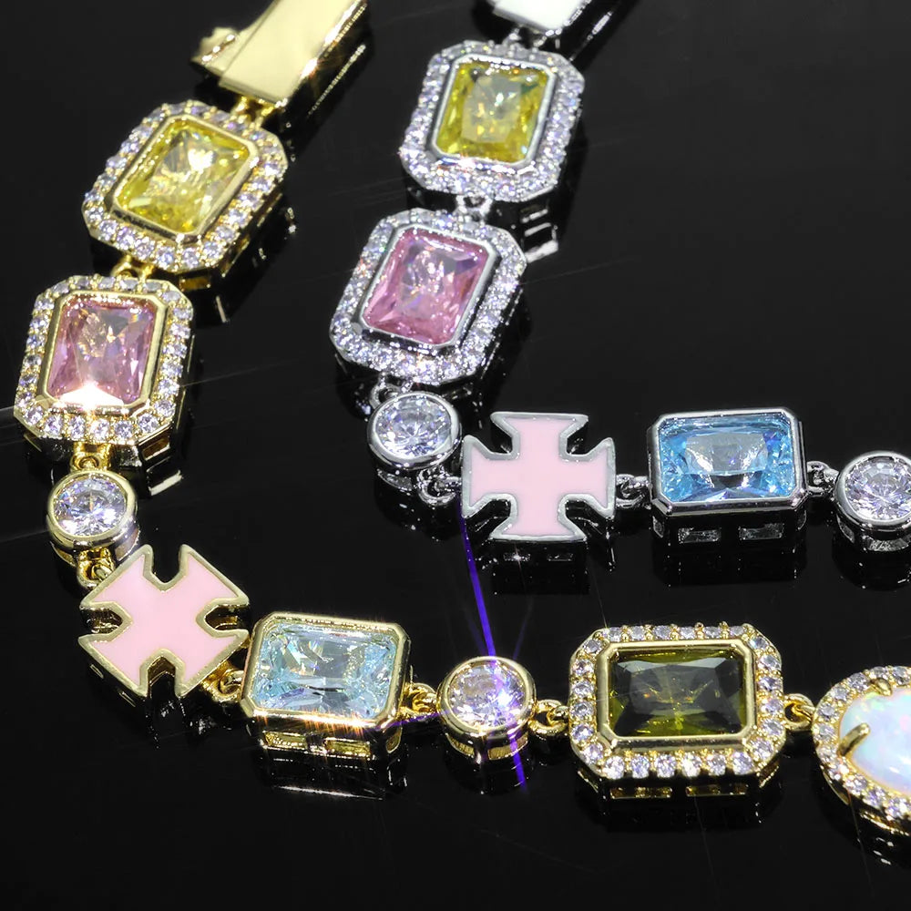 OPAL CROSS™ 10mm Iced Tennis Bracelet — Multi-Gem Enamel Edition