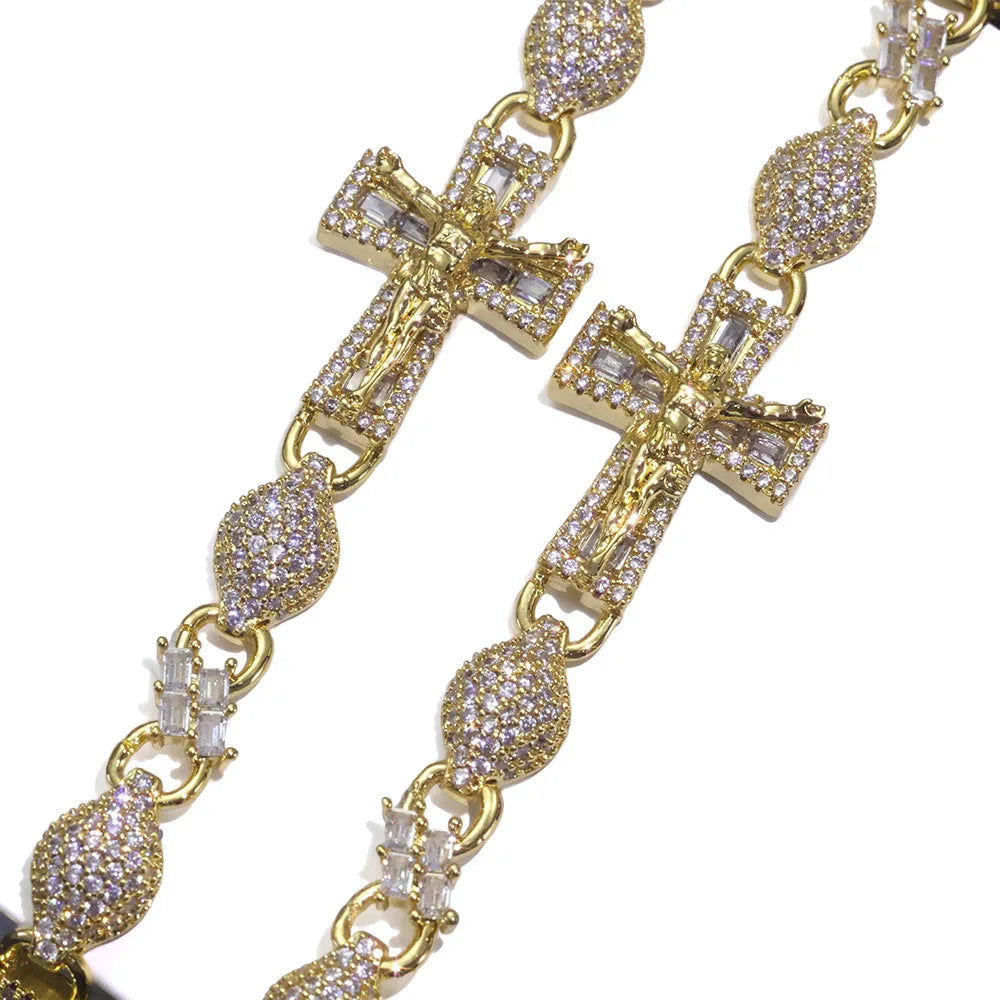 FaithLux 8MM Iced Cross Bead Bracelet – 18K Gold Edition