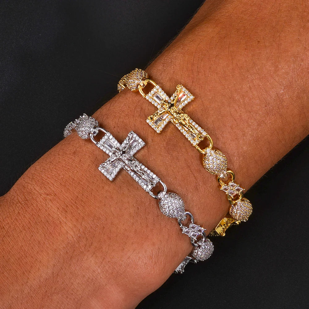FaithLux 8MM Iced Cross Bead Bracelet – 18K Gold Edition