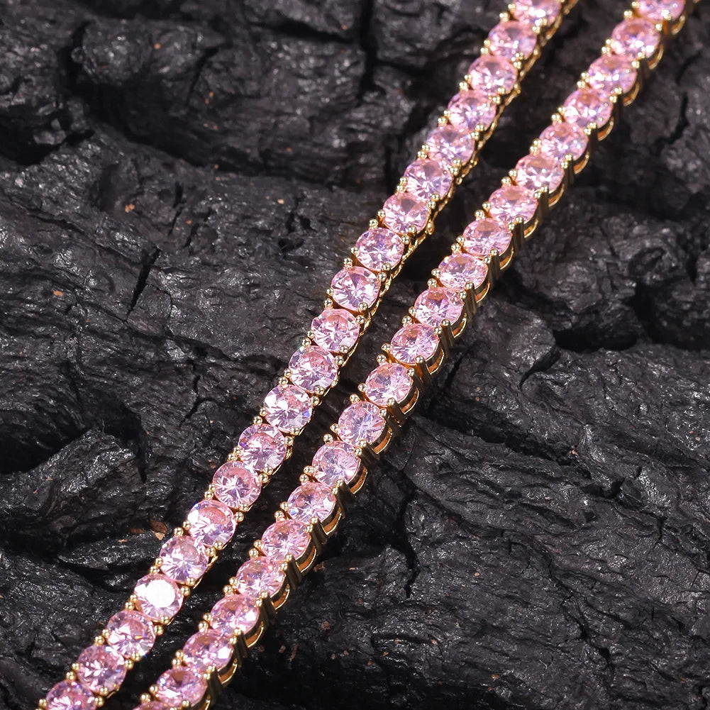 Iced Pink & Green Tennis Chain – 4mm CZ Bracelet & Necklace | Luxury Hip Hop Jewelry