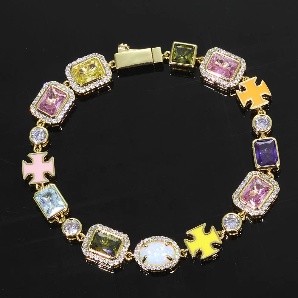 OPAL CROSS™ 10mm Iced Tennis Bracelet — Multi-Gem Enamel Edition