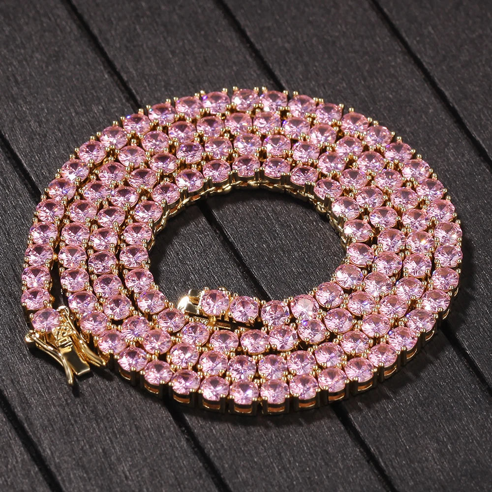 Iced Pink & Green Tennis Chain – 4mm CZ Bracelet & Necklace | Luxury Hip Hop Jewelry