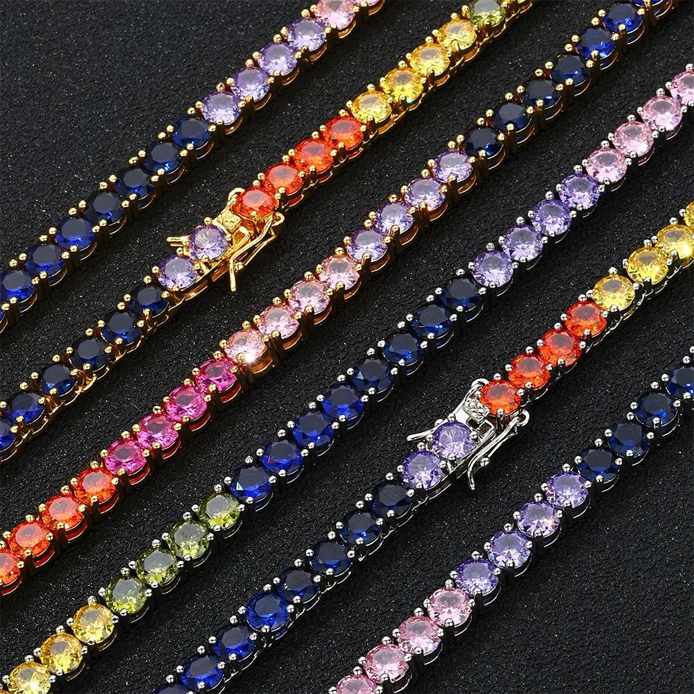 Rainbow Iced CZ Tennis Chain Necklace – Colorful 5mm Gemstone Choker, Silver Plated Luxury Jewelry