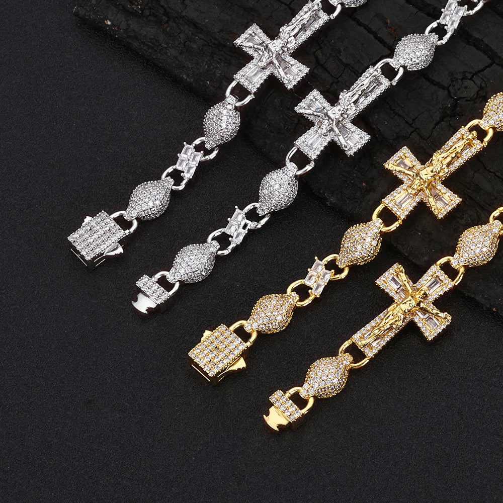 FaithLux 8MM Iced Cross Bead Bracelet – 18K Gold Edition