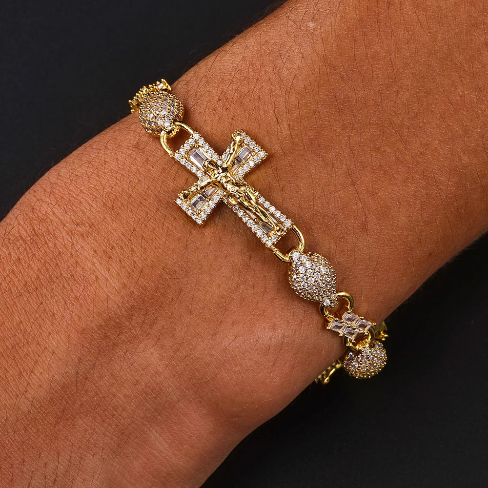 FaithLux 8MM Iced Cross Bead Bracelet – 18K Gold Edition